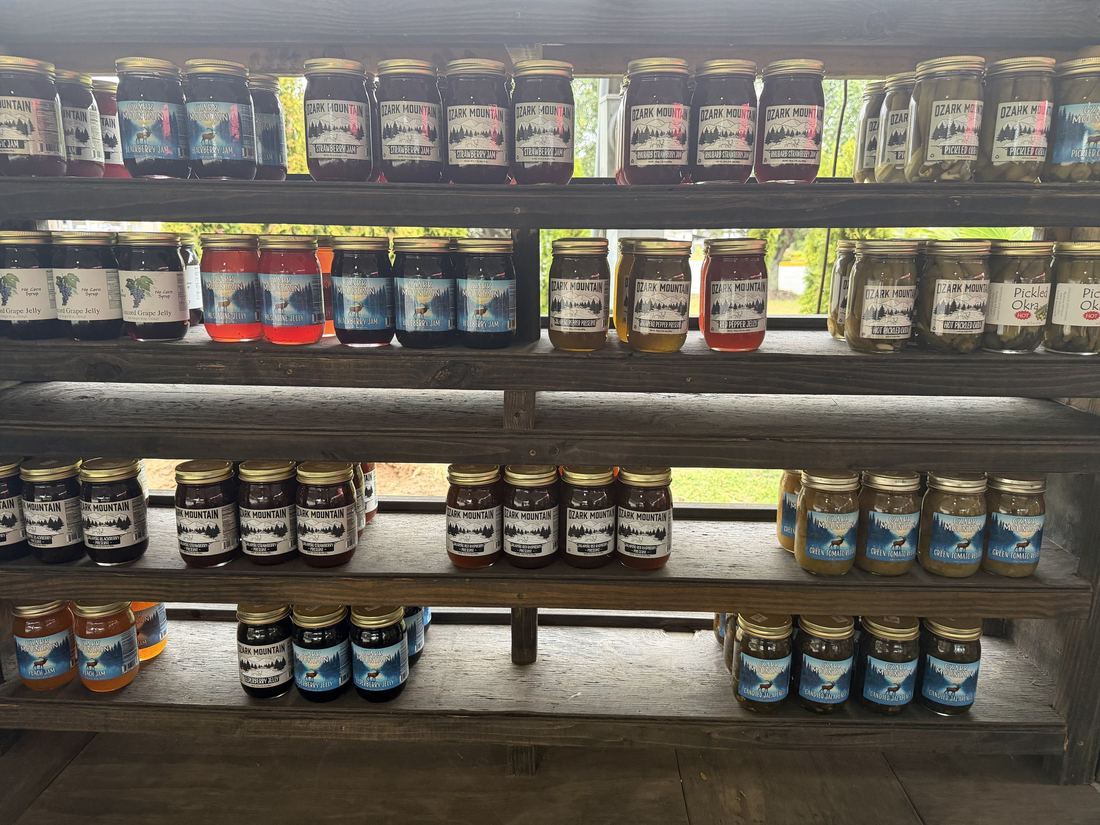 Shelves of jams, jellies and preserves at the Amanda's Villa produce stand