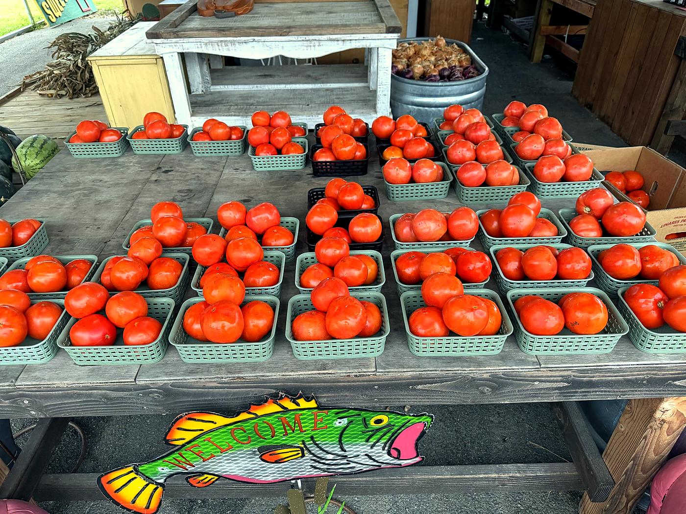 Baskets of fresh red tomatoes on a wooden table at the Amanda's Villa produce stand