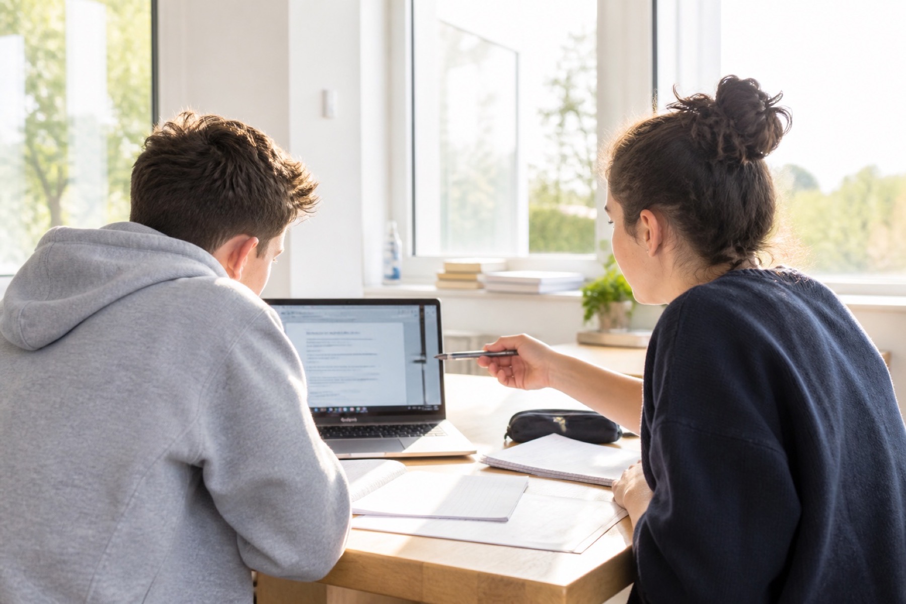 Two high school students working through a college application on a laptop at a sunny table