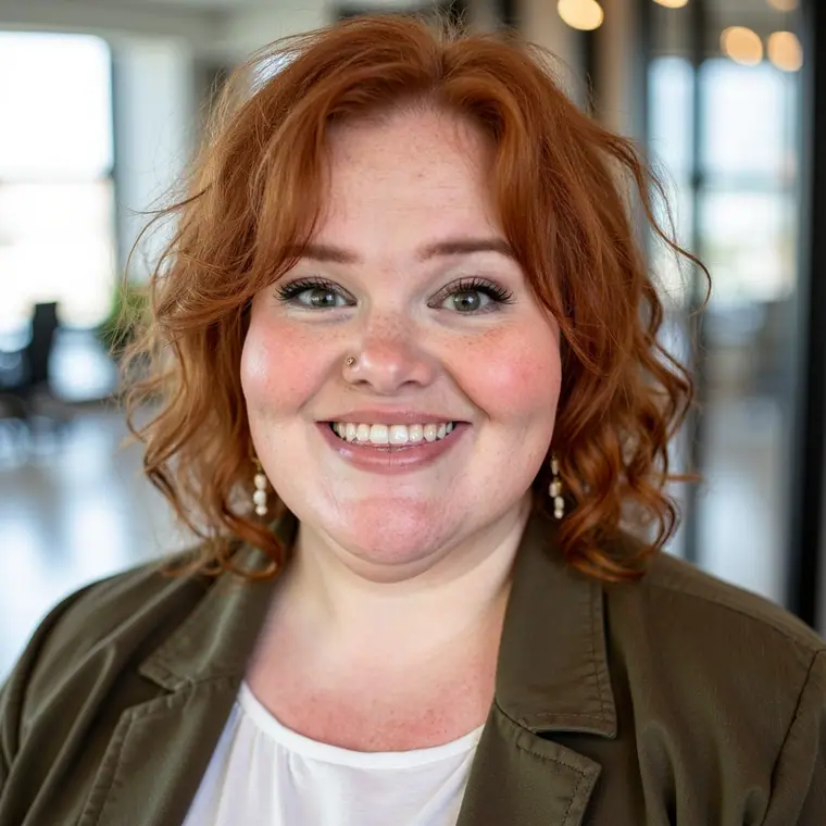 Nikki, smiling, red curly hair, olive jacket