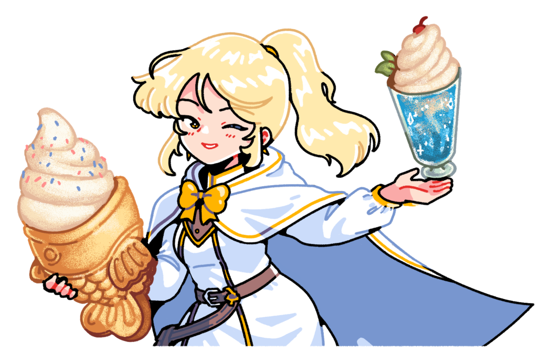 Cremia, blond cartoon witch holding Taiyake ice cream.