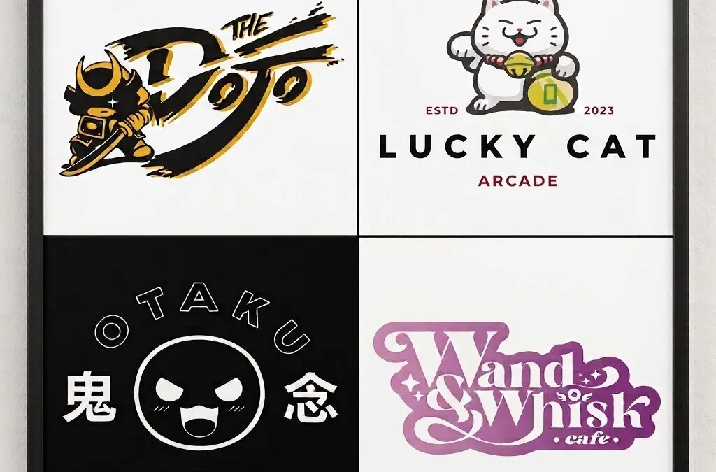 Logos of the four Little Tokyo businesses: Wand & Whisk Café, Otaku Takeout, Lucky Cat Arcade, and The Dojo