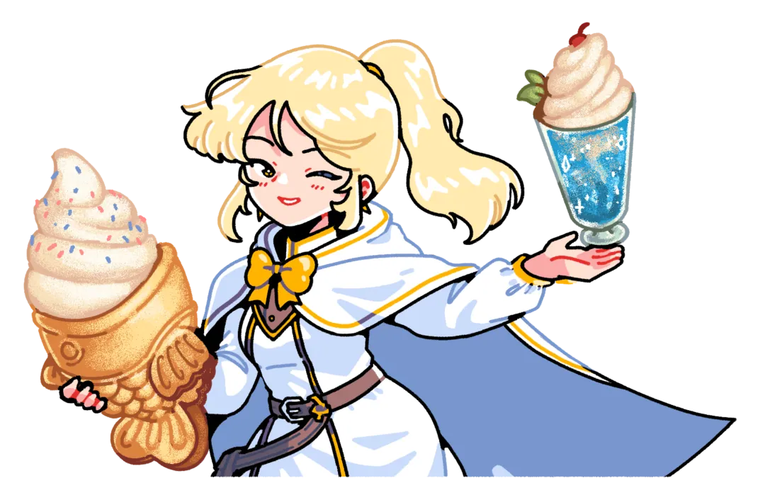 Creamia, the Wand & Whisk Café mascot, holding a taiyaki soft serve and a potion float